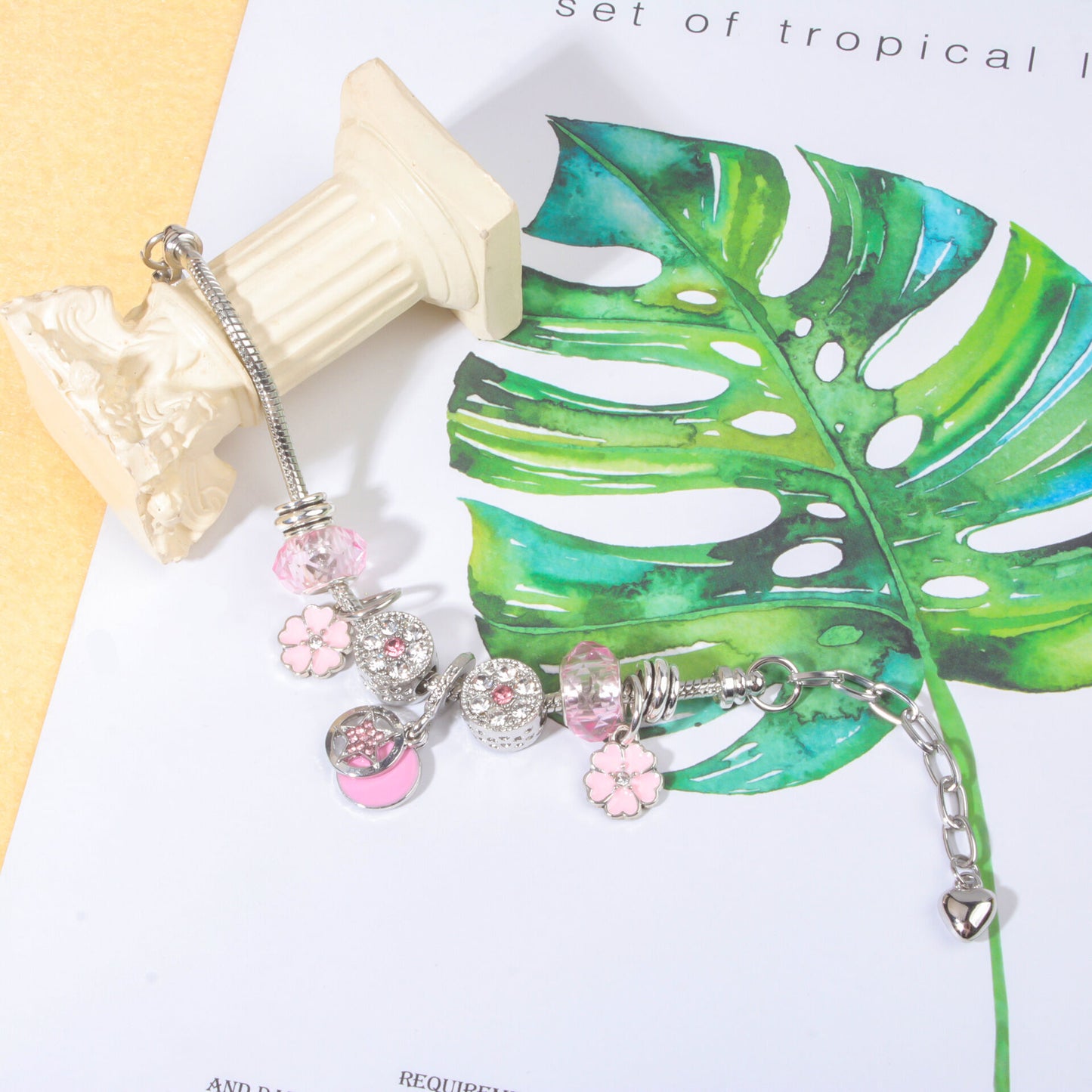 Chic Pink Crystal Beaded Bracelet with Magnolia & Star Pendant(19cm) - Image 3