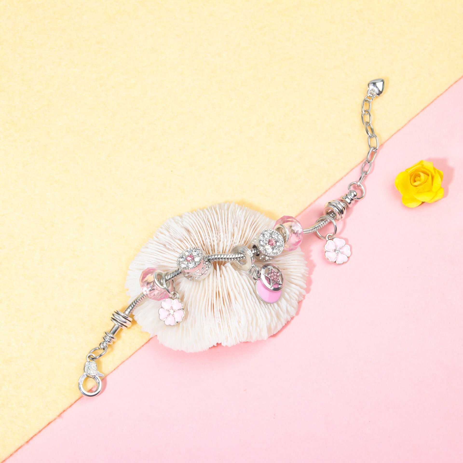 Chic Pink Crystal Beaded Bracelet with Magnolia & Star Pendant(19cm) - Image 4