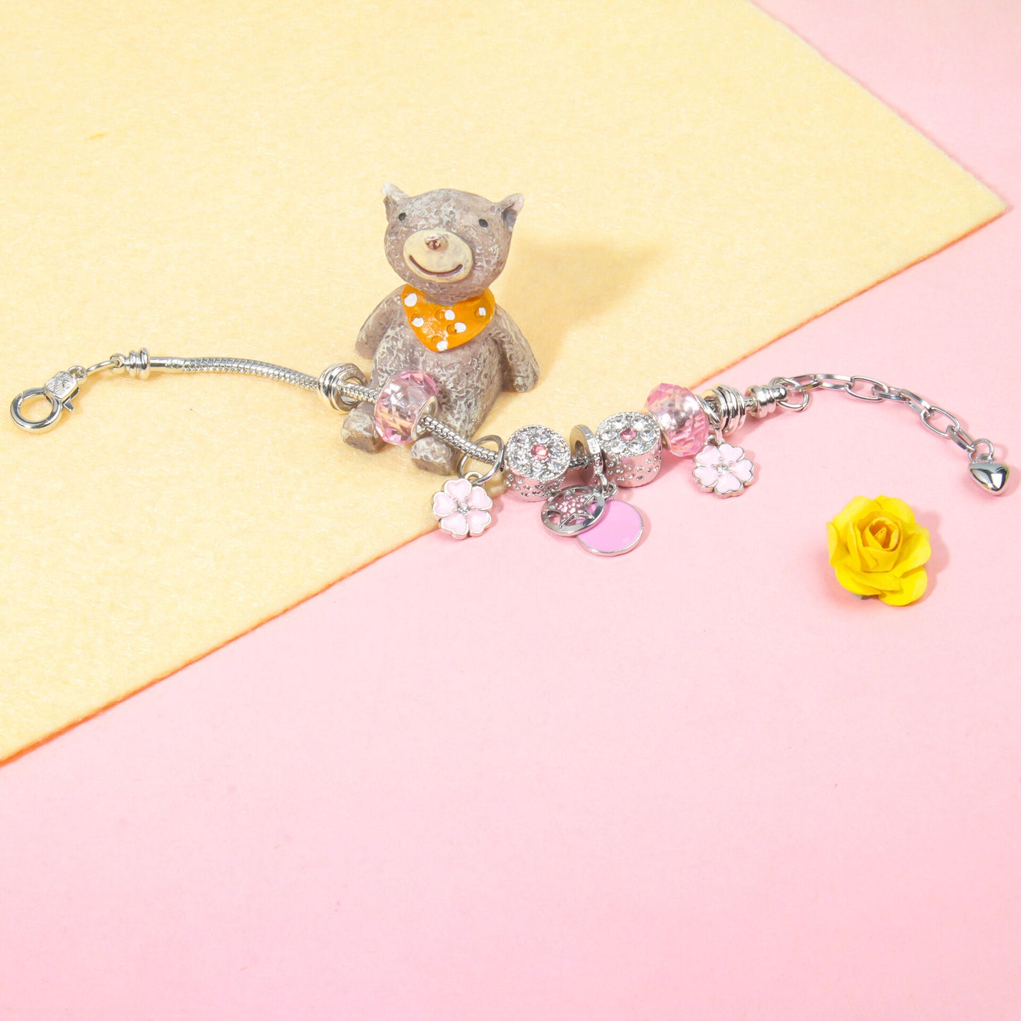 Chic Pink Crystal Beaded Bracelet with Magnolia & Star Pendant(19cm) - Image 5