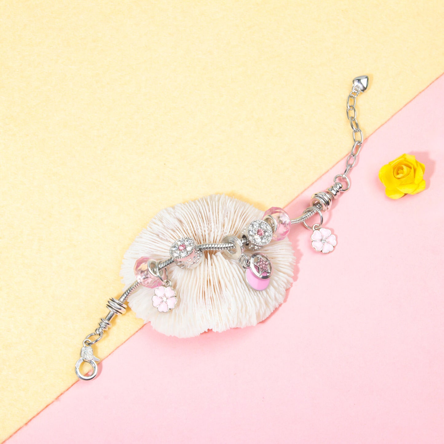 Chic Pink Crystal Beaded Bracelet with Magnolia & Star Pendant(20cm) - Image 4