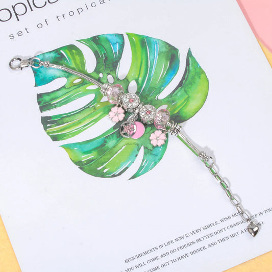 Chic Pink Crystal Beaded Bracelet with Magnolia & Star Pendant(21cm) - Image 2