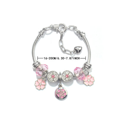 Chic Pink Crystal Beaded Bracelet with Magnolia & Star Pendant(21cm) - Image 7