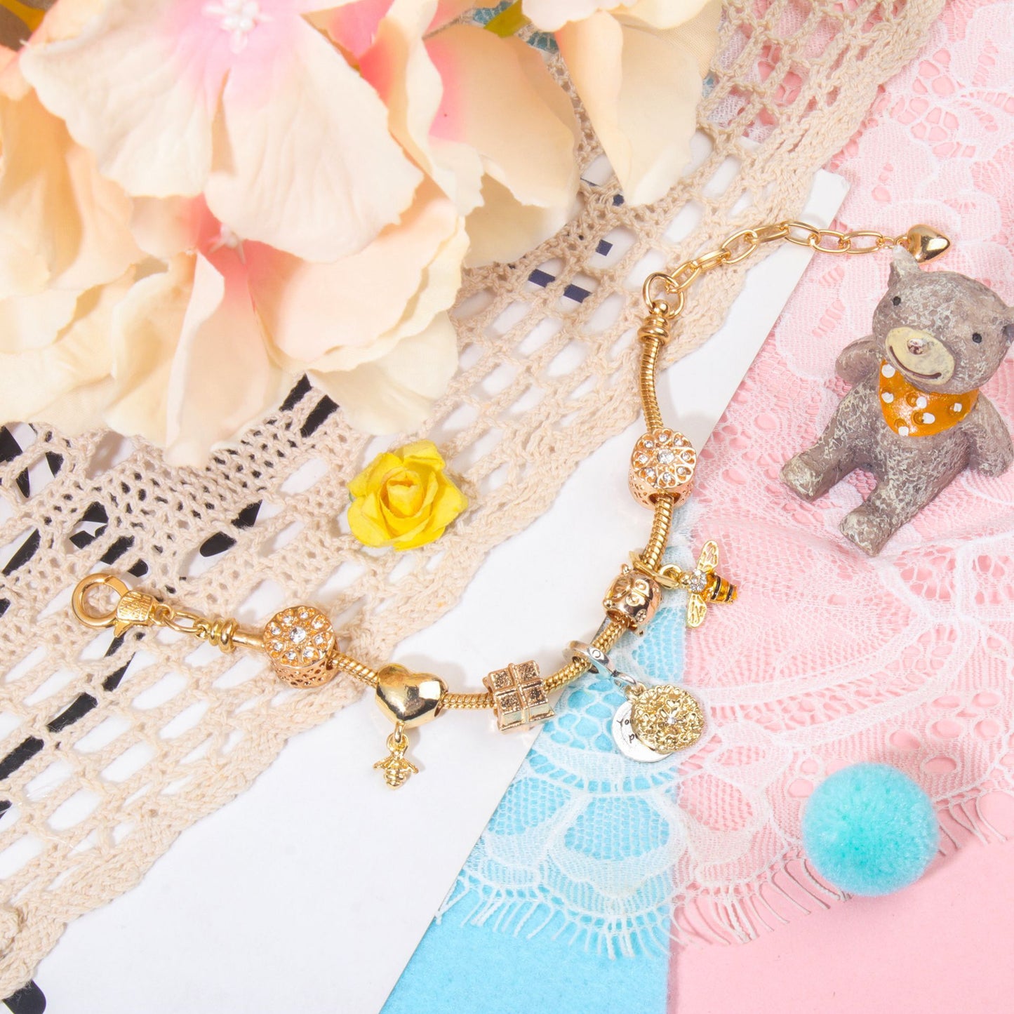 Golden Heart & Bee Charm Bracelet with Rhinestones, Hollow Flower & Gift Box Beads(17cm) - Image 4