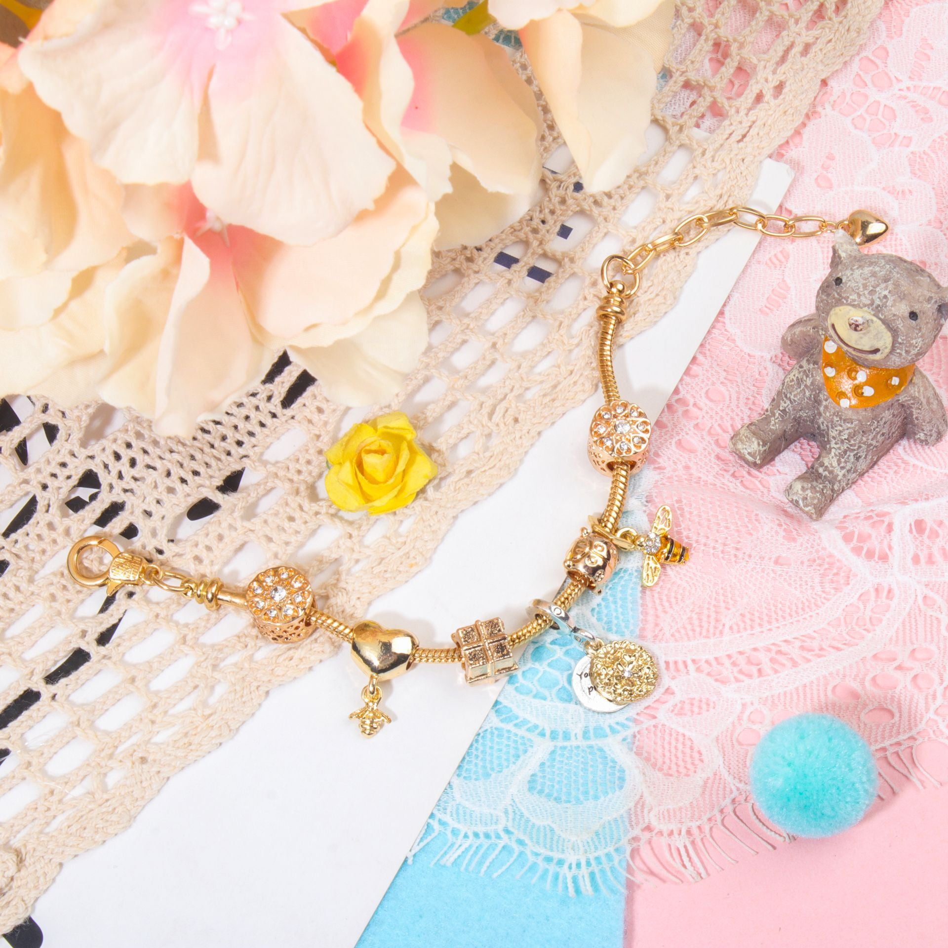 Golden Heart & Bee Charm Bracelet with Rhinestones, Hollow Flower & Gift Box Beads(17cm) - Image 4