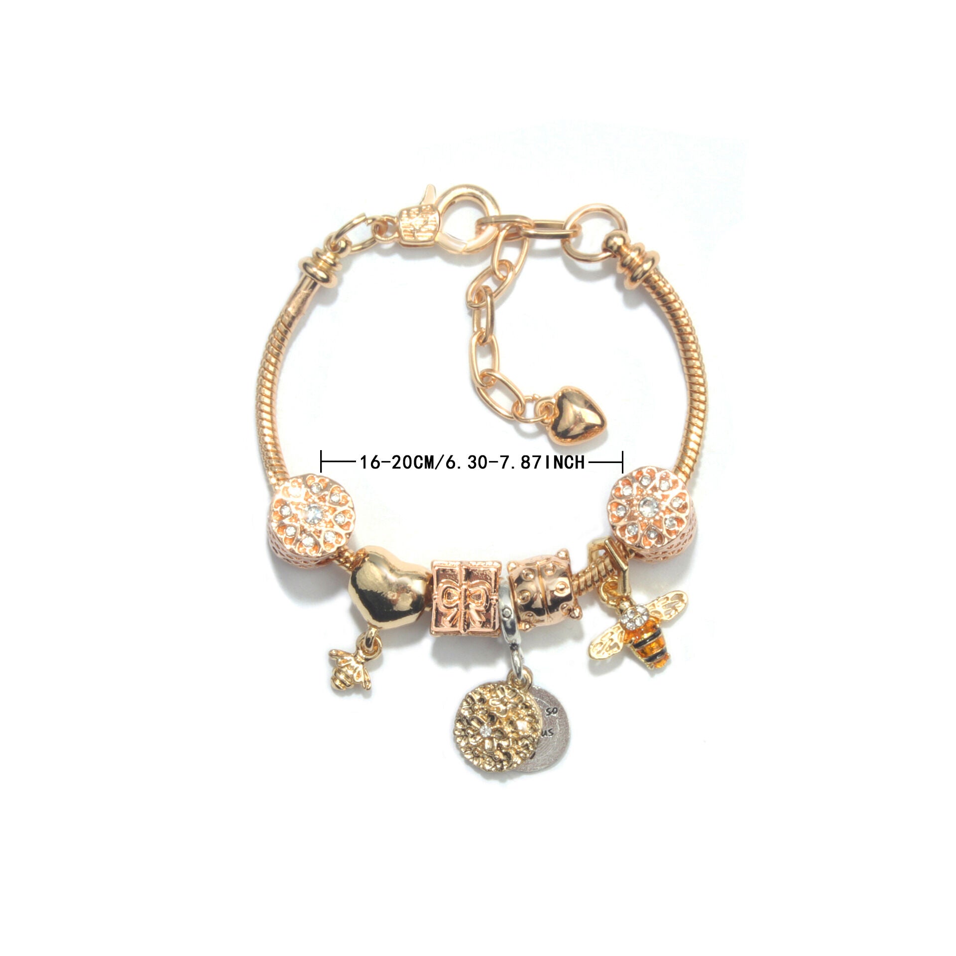 Golden Heart & Bee Charm Bracelet with Rhinestones, Hollow Flower & Gift Box Beads(17cm) - Image 6