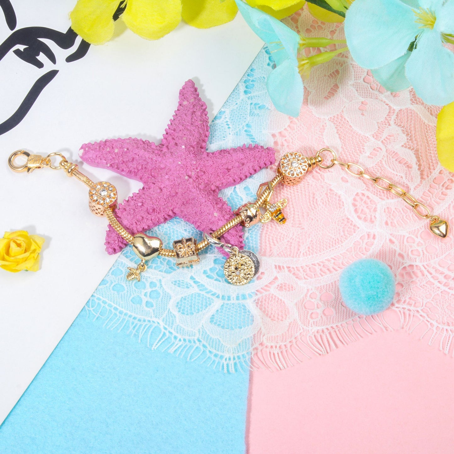Golden Heart & Bee Charm Bracelet with Rhinestones, Hollow Flower & Gift Box Beads(18cm) - Image 3
