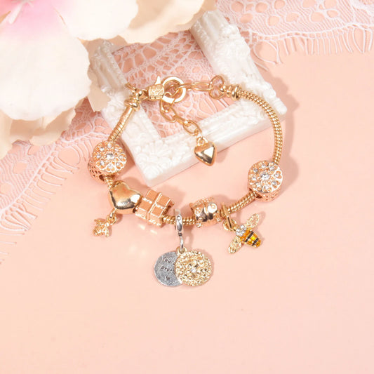 Golden Heart & Bee Charm Bracelet with Rhinestones, Hollow Flower & Gift Box Beads(18cm) - Image 5