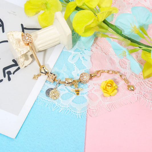 Golden Heart & Bee Charm Bracelet with Rhinestones, Hollow Flower & Gift Box Beads(19cm) - Image 2
