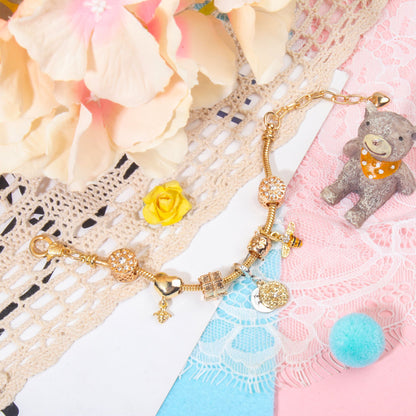 Golden Heart & Bee Charm Bracelet with Rhinestones, Hollow Flower & Gift Box Beads(19cm) - Image 4