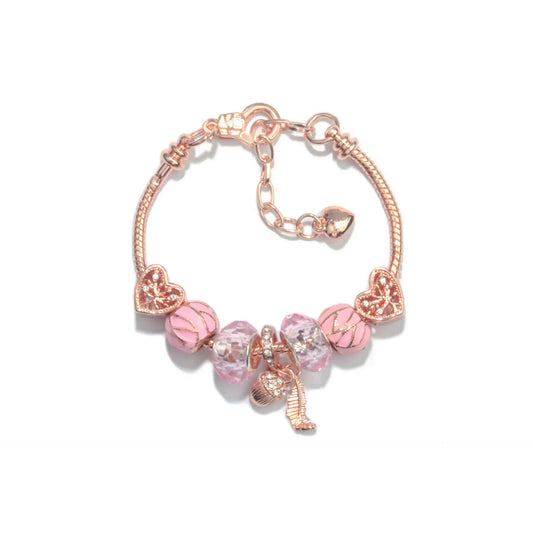 Rose Gold Charm Bracelet with Heart, Crystal, Leaf & Acorn, Colorful Beaded Jewelry for Women(18cm)