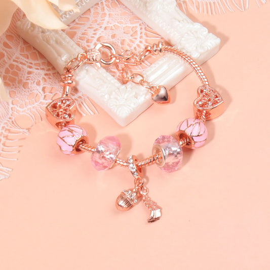 Rose Gold Charm Bracelet with Heart, Crystal, Leaf & Acorn, Colorful Beaded Jewelry for Women(19cm) - Image 2