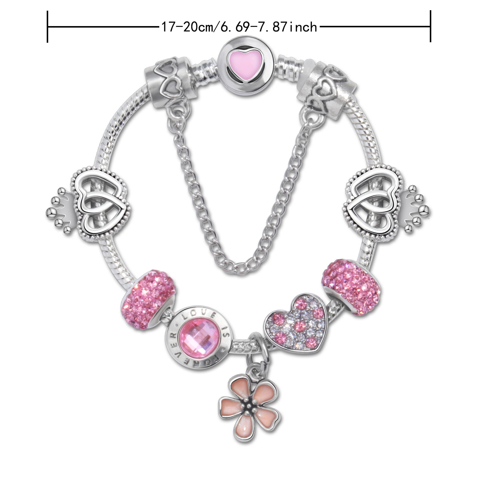 Rhinestone Heart & Crown Bead Bracelet,Fashion Sweet Jewelry for Women(pink-17cm) - Image 3
