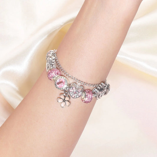 Rhinestone Heart & Crown Bead Bracelet,Fashion Sweet Jewelry for Women(pink-20cm) - Image 2
