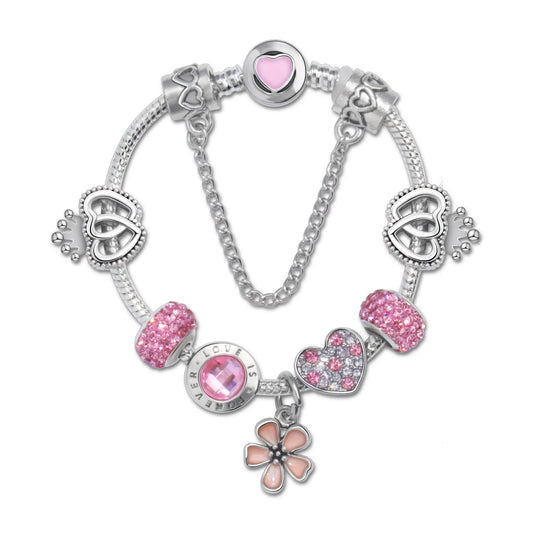 Rhinestone Heart & Crown Bead Bracelet,Fashion Sweet Jewelry for Women(pink-21cm)