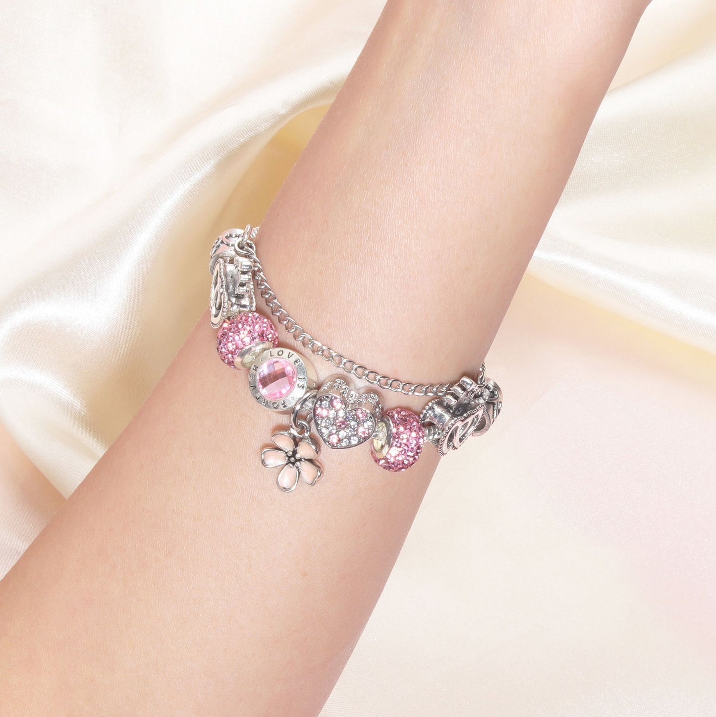 Rhinestone Heart & Crown Bead Bracelet,Fashion Sweet Jewelry for Women(pink-21cm) - Image 2