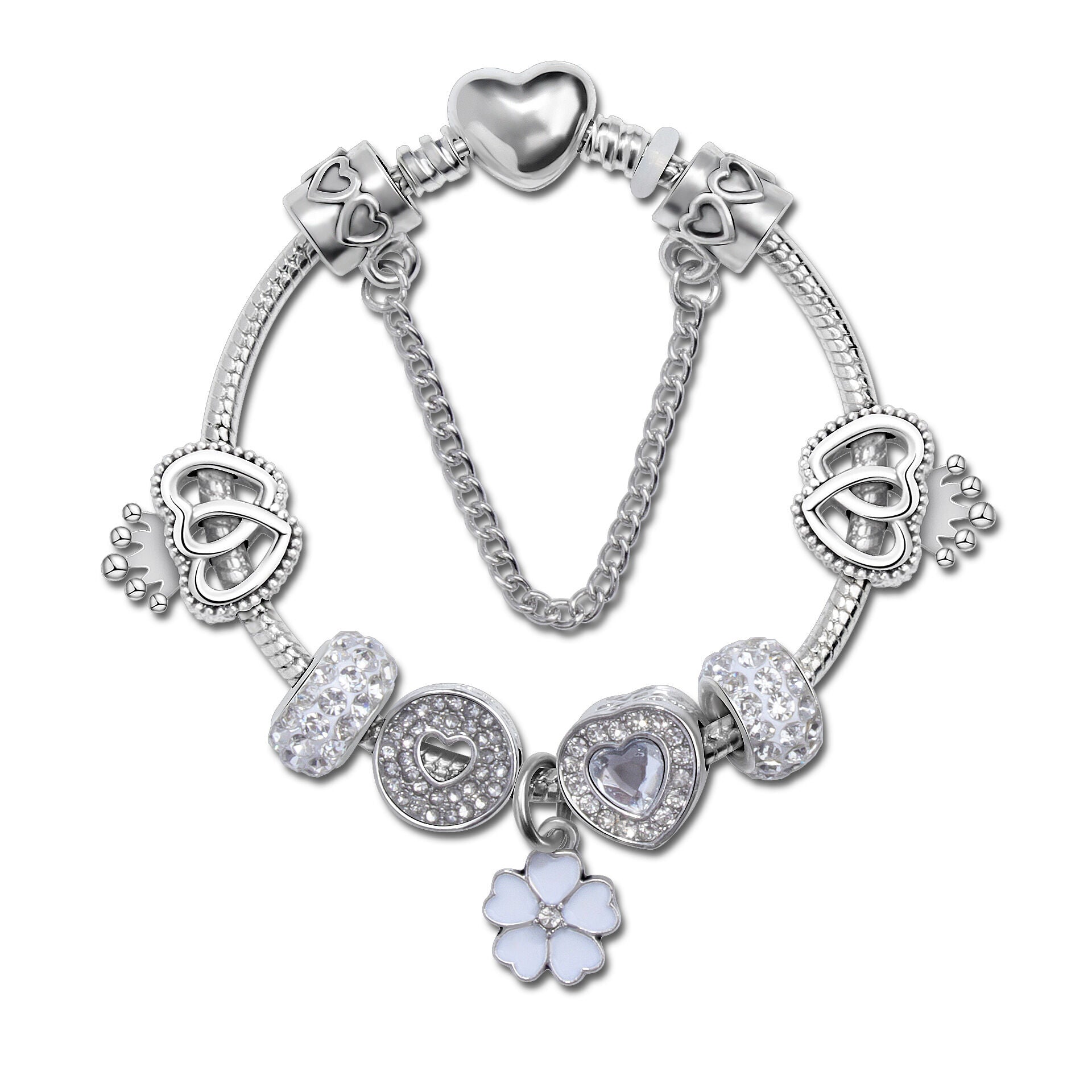 Rhinestone Heart & Crown Bead Bracelet,Fashion Sweet Jewelry for Women(silver-16cm)
