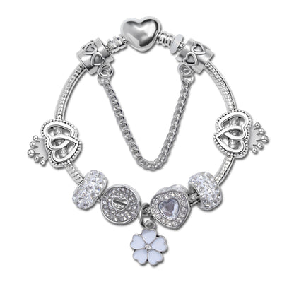 Rhinestone Heart & Crown Bead Bracelet,Fashion Sweet Jewelry for Women(silver-16cm)