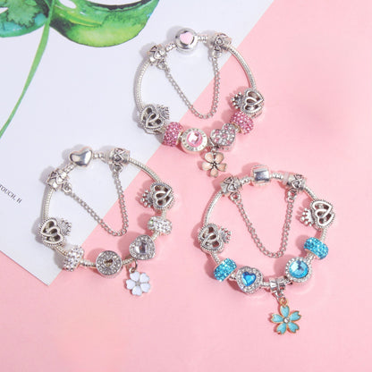 Rhinestone Heart & Crown Bead Bracelet,Fashion Sweet Jewelry for Women(silver-16cm) - Image 3