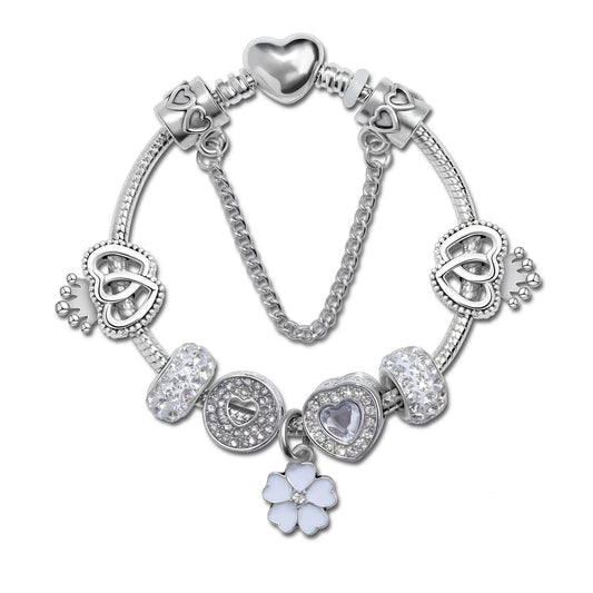 Rhinestone Heart & Crown Bead Bracelet,Fashion Sweet Jewelry for Women(silver-17cm)
