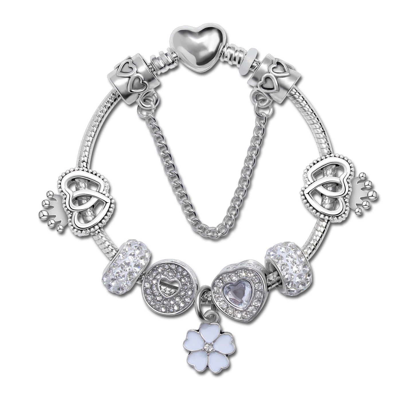 Rhinestone Heart & Crown Bead Bracelet,Fashion Sweet Jewelry for Women(silver-18cm)