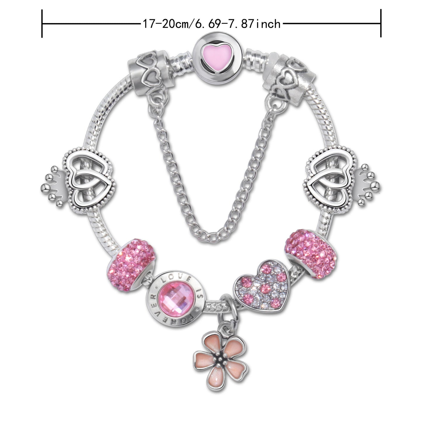 Rhinestone Heart & Crown Bead Bracelet,Fashion Sweet Jewelry for Women(silver-20cm) - Image 2