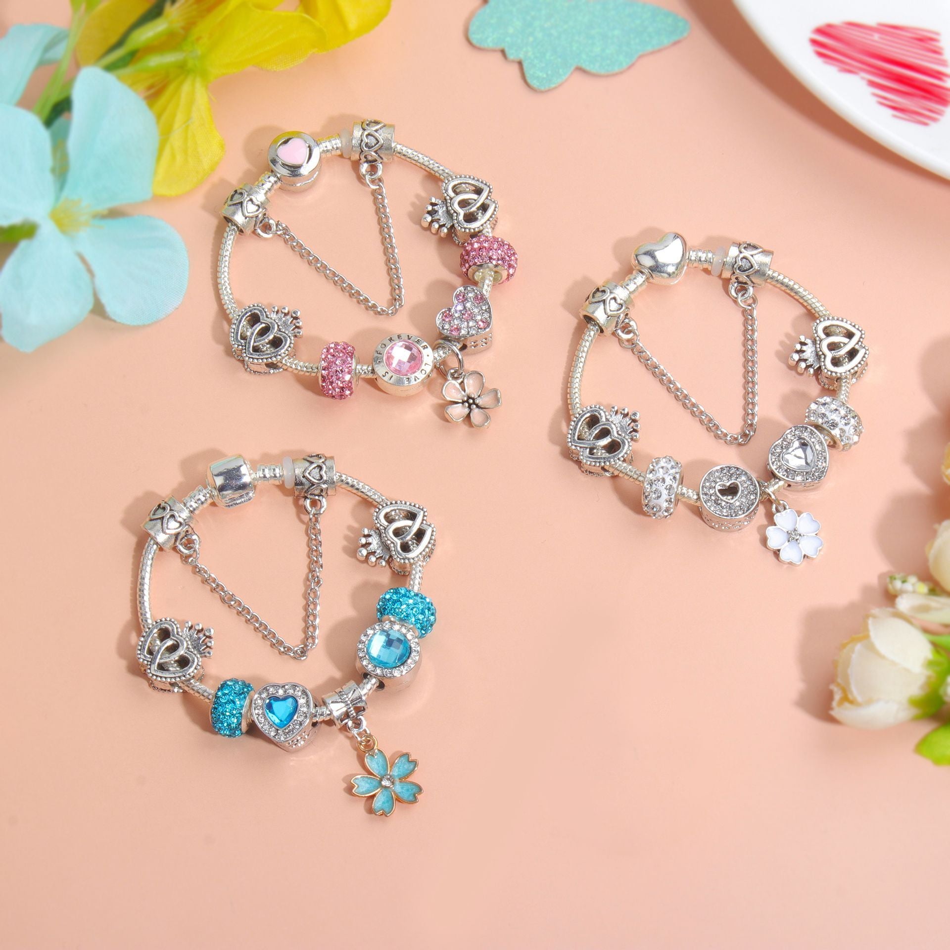 Rhinestone Heart & Crown Bead Bracelet,Fashion Sweet Jewelry for Women(silver-20cm) - Image 9