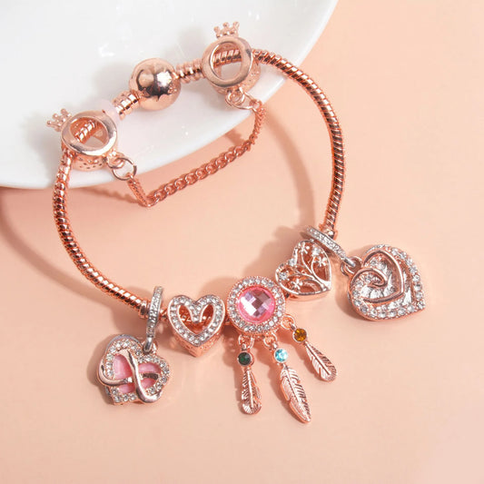 Rose Gold Bracelet with Pink Heart Charms & Crystal Rhinestones(17cm) - Image 2