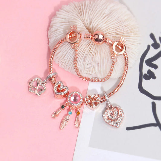 Rose Gold Bracelet with Pink Heart Charms & Crystal Rhinestones(18cm) - Image 2