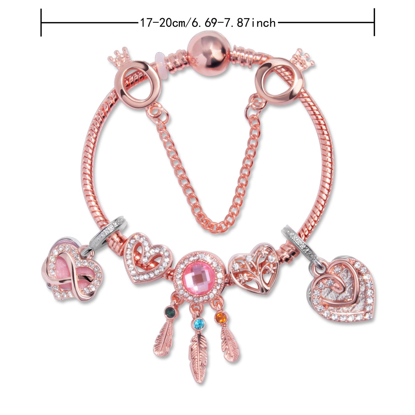 Rose Gold Bracelet with Pink Heart Charms & Crystal Rhinestones(18cm) - Image 7