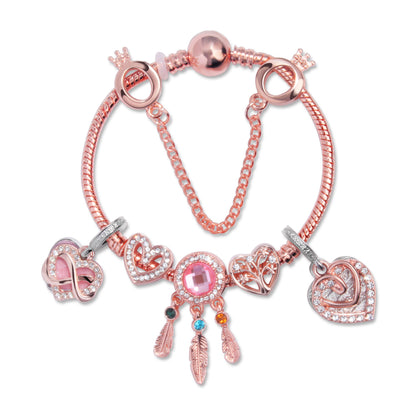 Rose Gold Bracelet with Pink Heart Charms & Crystal Rhinestones(19cm)