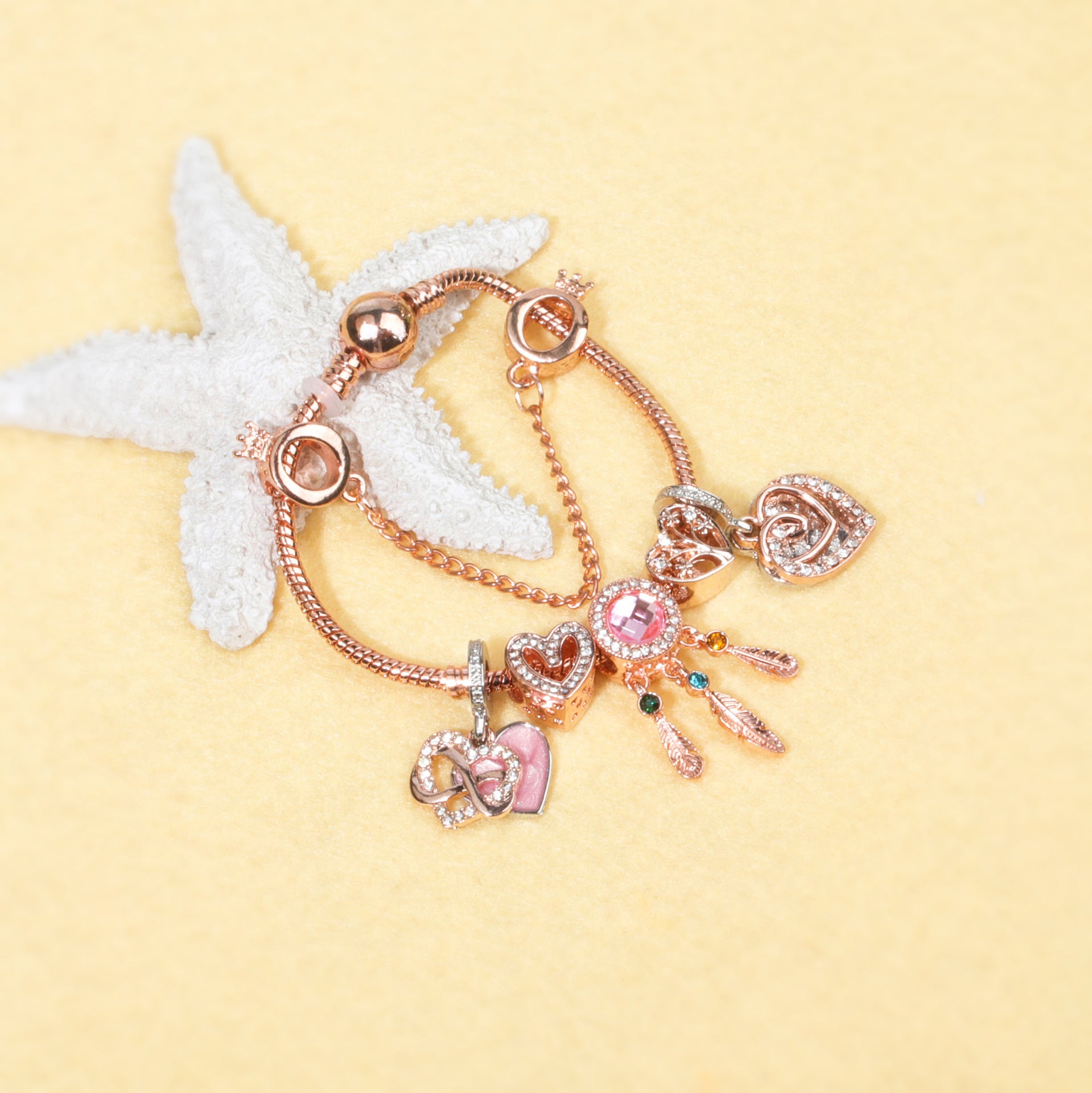 Rose Gold Bracelet with Pink Heart Charms & Crystal Rhinestones(19cm) - Image 4