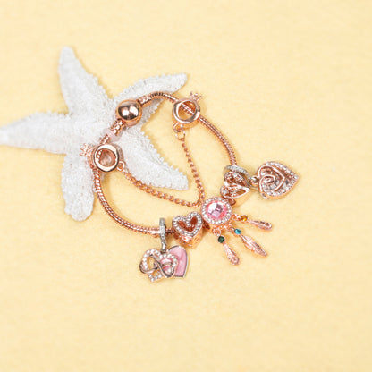 Rose Gold Bracelet with Pink Heart Charms & Crystal Rhinestones(19cm) - Image 4