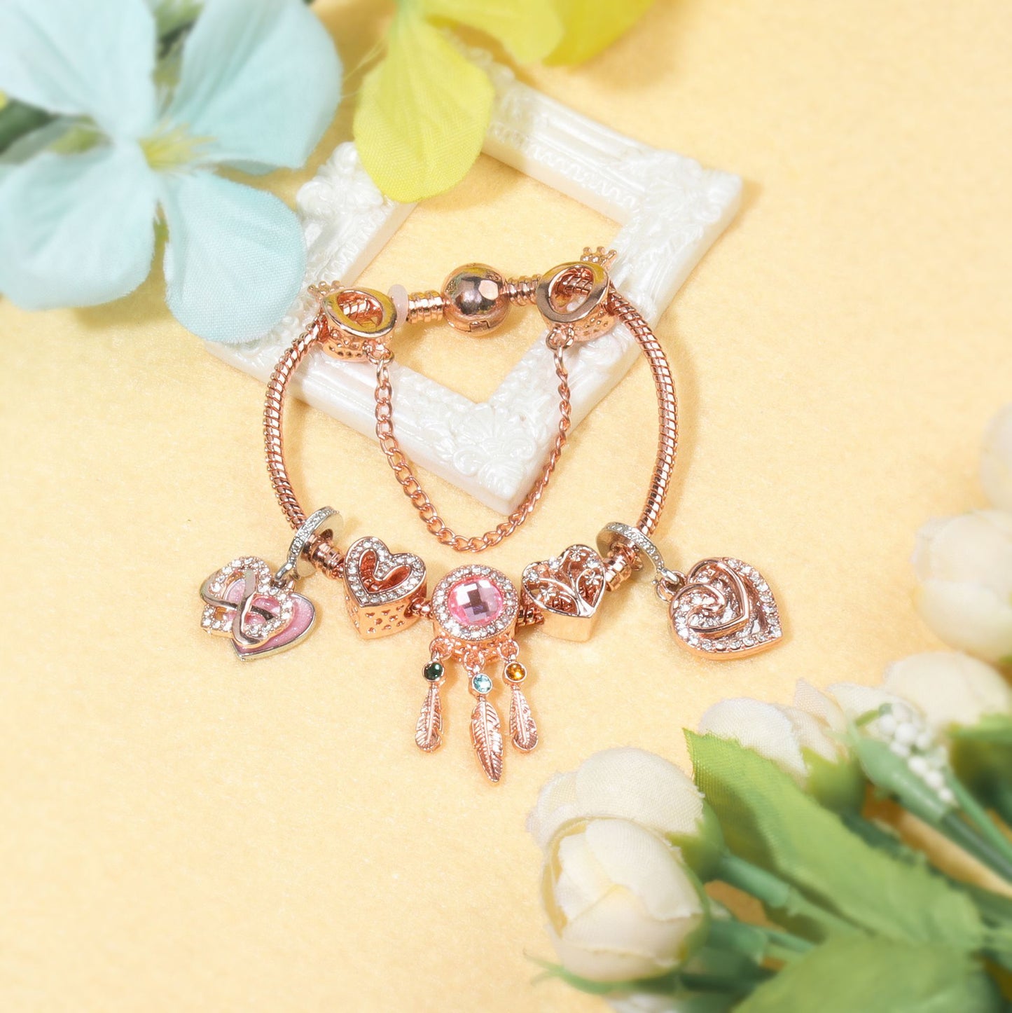 Rose Gold Bracelet with Pink Heart Charms & Crystal Rhinestones(19cm) - Image 7