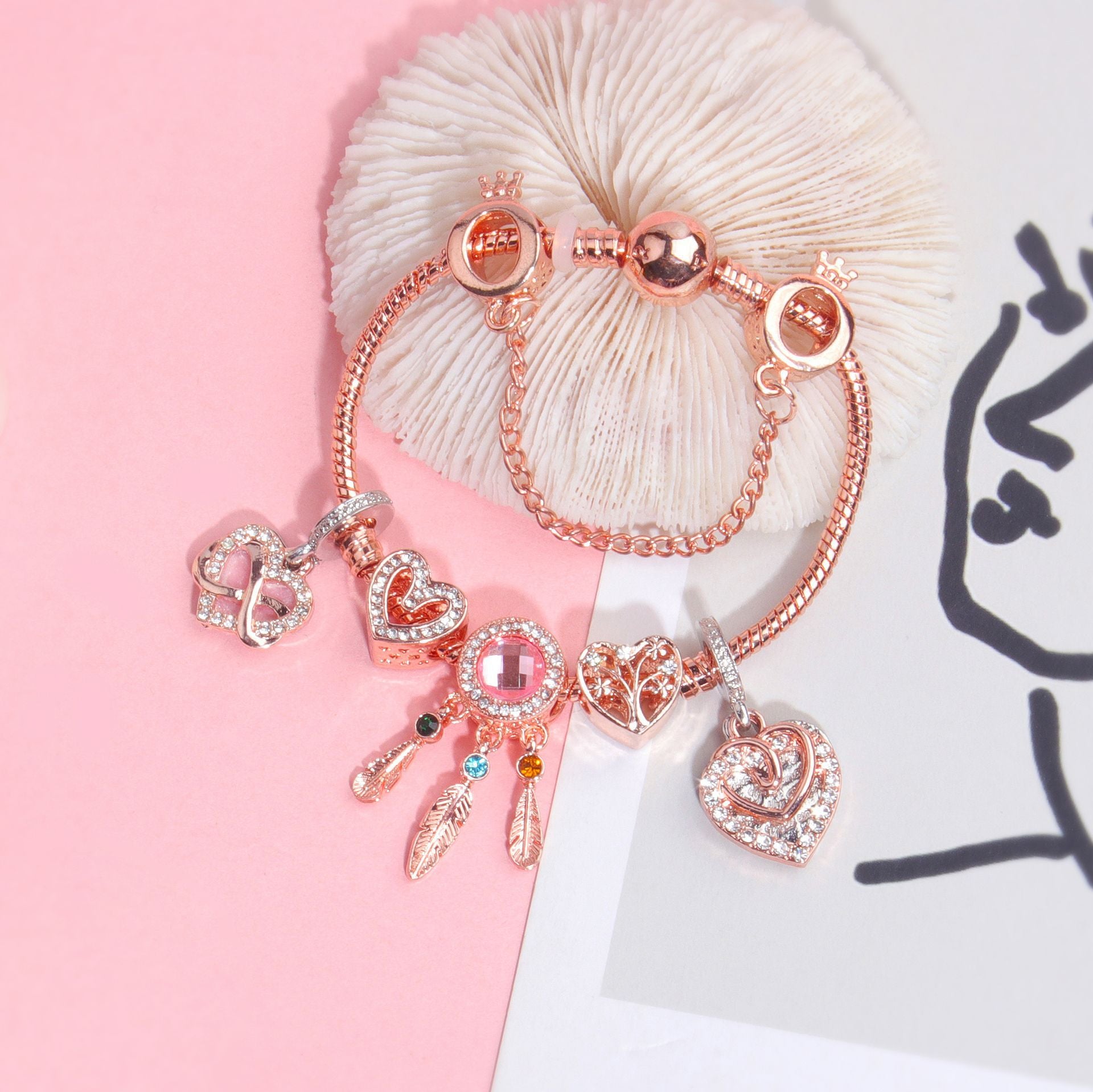 Rose Gold Bracelet with Pink Heart Charms & Crystal Rhinestones(20cm) - Image 5