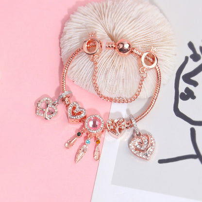 Rose Gold Bracelet with Pink Heart Charms & Crystal Rhinestones(20cm) - Image 5