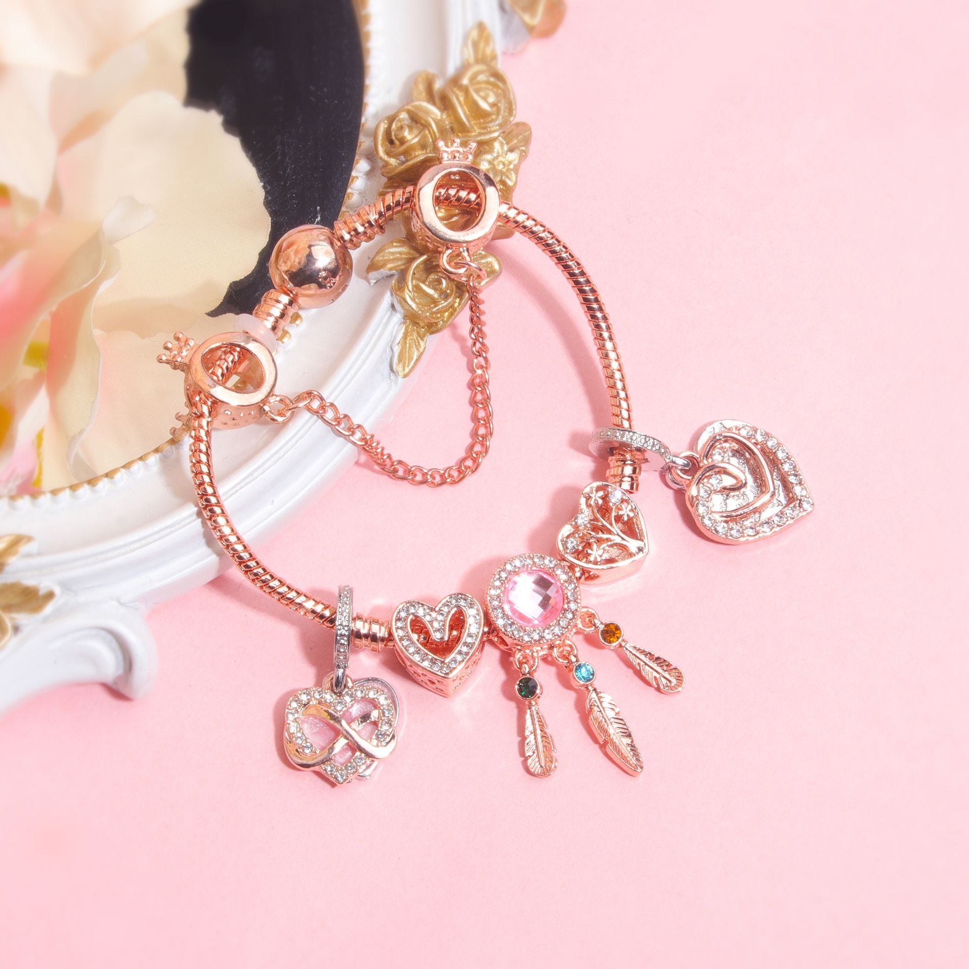 Rose Gold Bracelet with Pink Heart Charms & Crystal Rhinestones(20cm) - Image 6