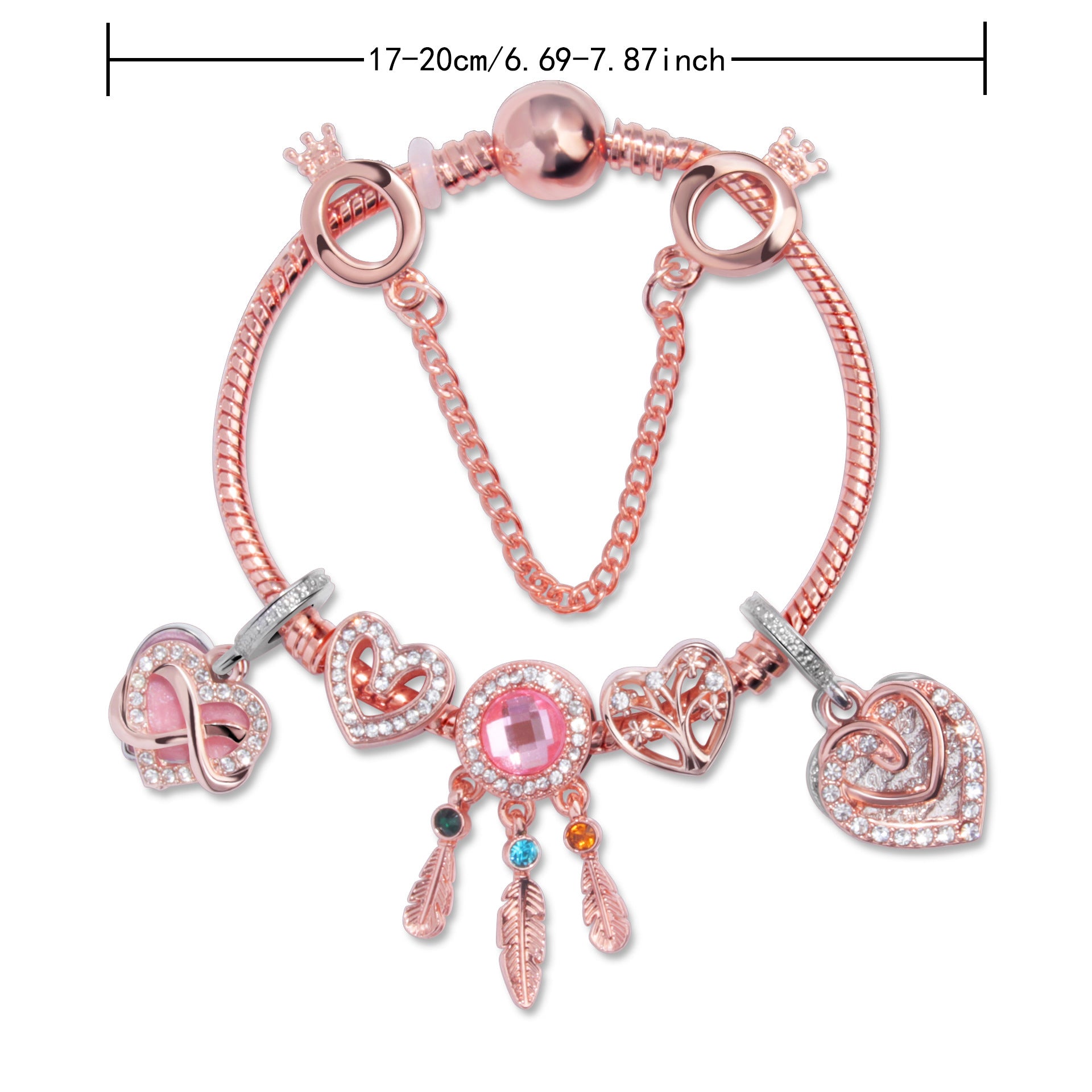 Rose Gold Bracelet with Pink Heart Charms & Crystal Rhinestones(20cm) - Image 9