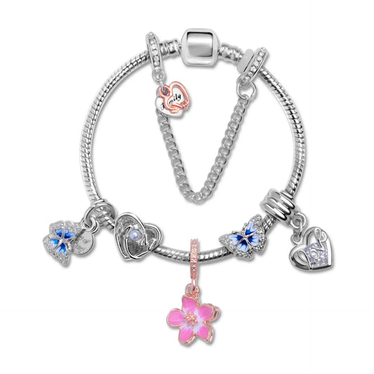 Blue Butterfly Glass Bead & Pink Flower Pendant Charm Bracelet(17cm)