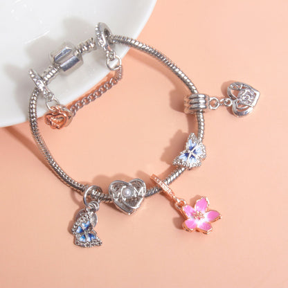 Blue Butterfly Glass Bead & Pink Flower Pendant Charm Bracelet(18cm) - Image 4
