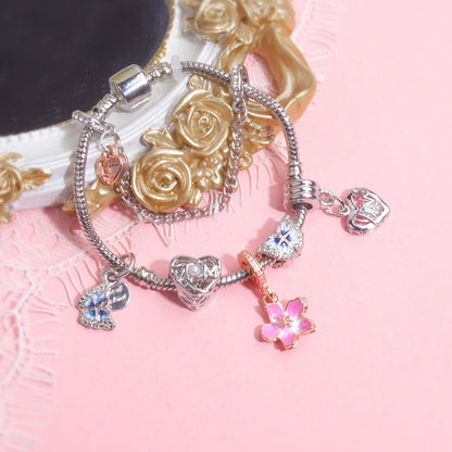 Blue Butterfly Glass Bead & Pink Flower Pendant Charm Bracelet(18cm) - Image 7