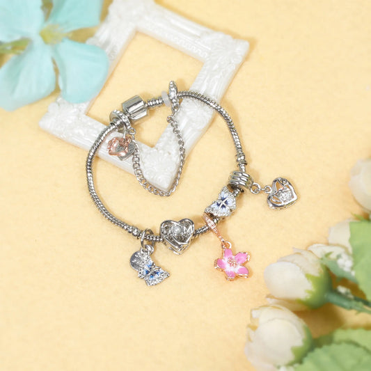 Blue Butterfly Glass Bead & Pink Flower Pendant Charm Bracelet(19cm) - Image 3