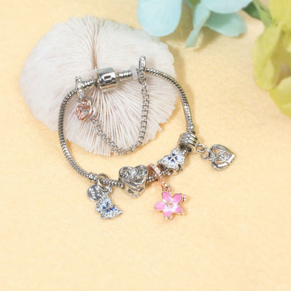 Blue Butterfly Glass Bead & Pink Flower Pendant Charm Bracelet(19cm) - Image 8