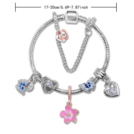 Blue Butterfly Glass Bead & Pink Flower Pendant Charm Bracelet(20cm) - Image 2
