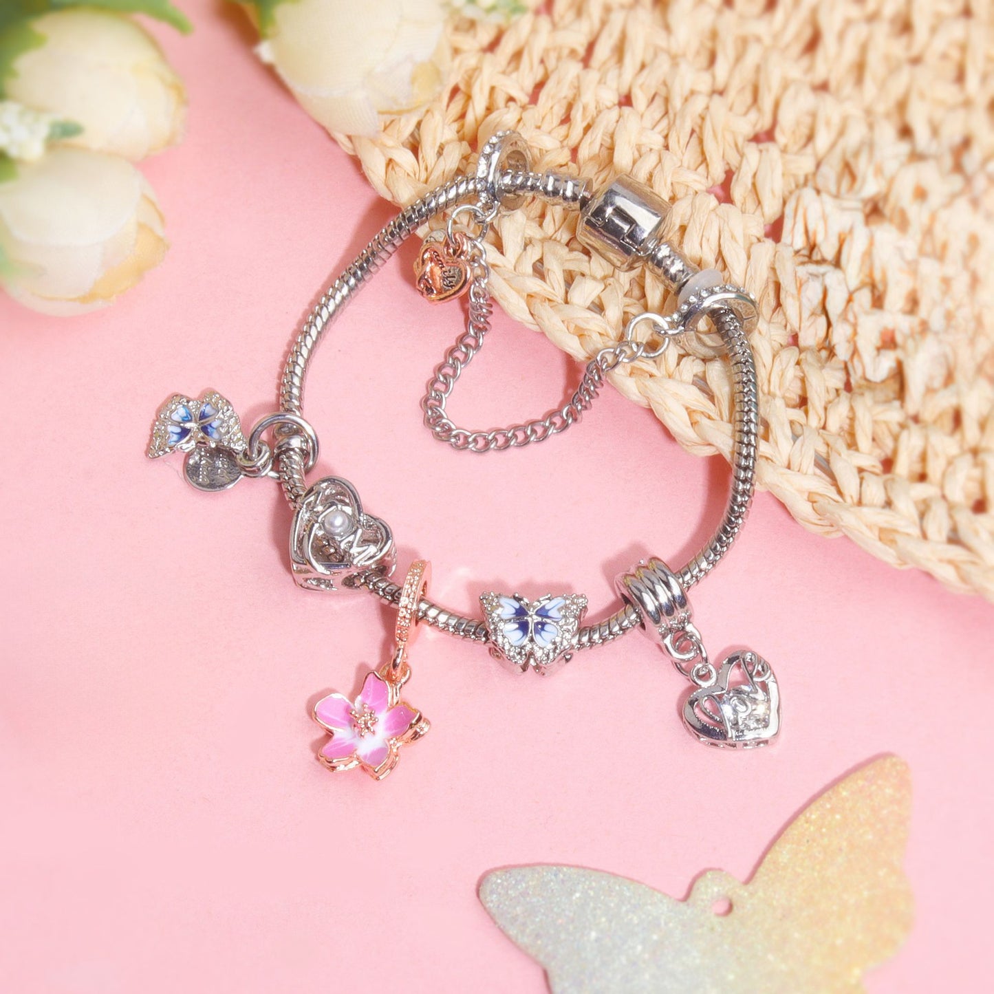 Blue Butterfly Glass Bead & Pink Flower Pendant Charm Bracelet(20cm) - Image 6