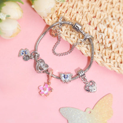 Blue Butterfly Glass Bead & Pink Flower Pendant Charm Bracelet(20cm) - Image 6