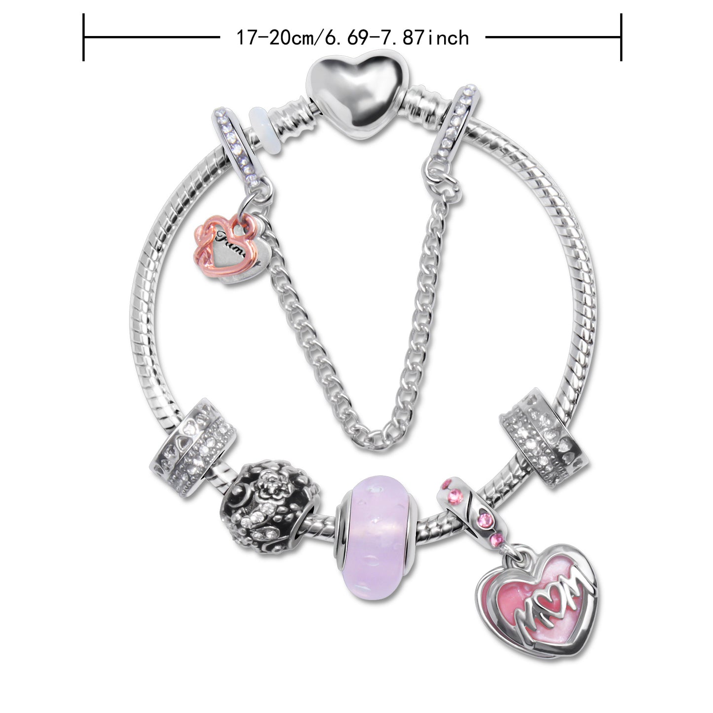 Heart Charm Beaded Bracelet with Crystals(17cm) - Image 2