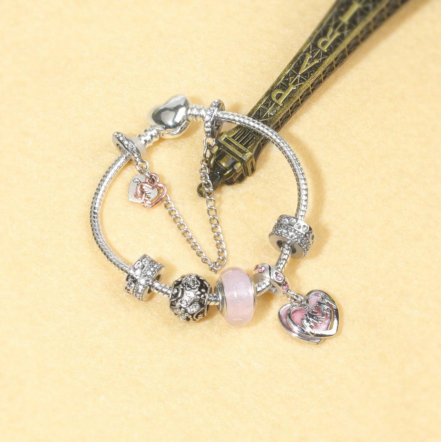 Heart Charm Beaded Bracelet with Crystals(17cm) - Image 4