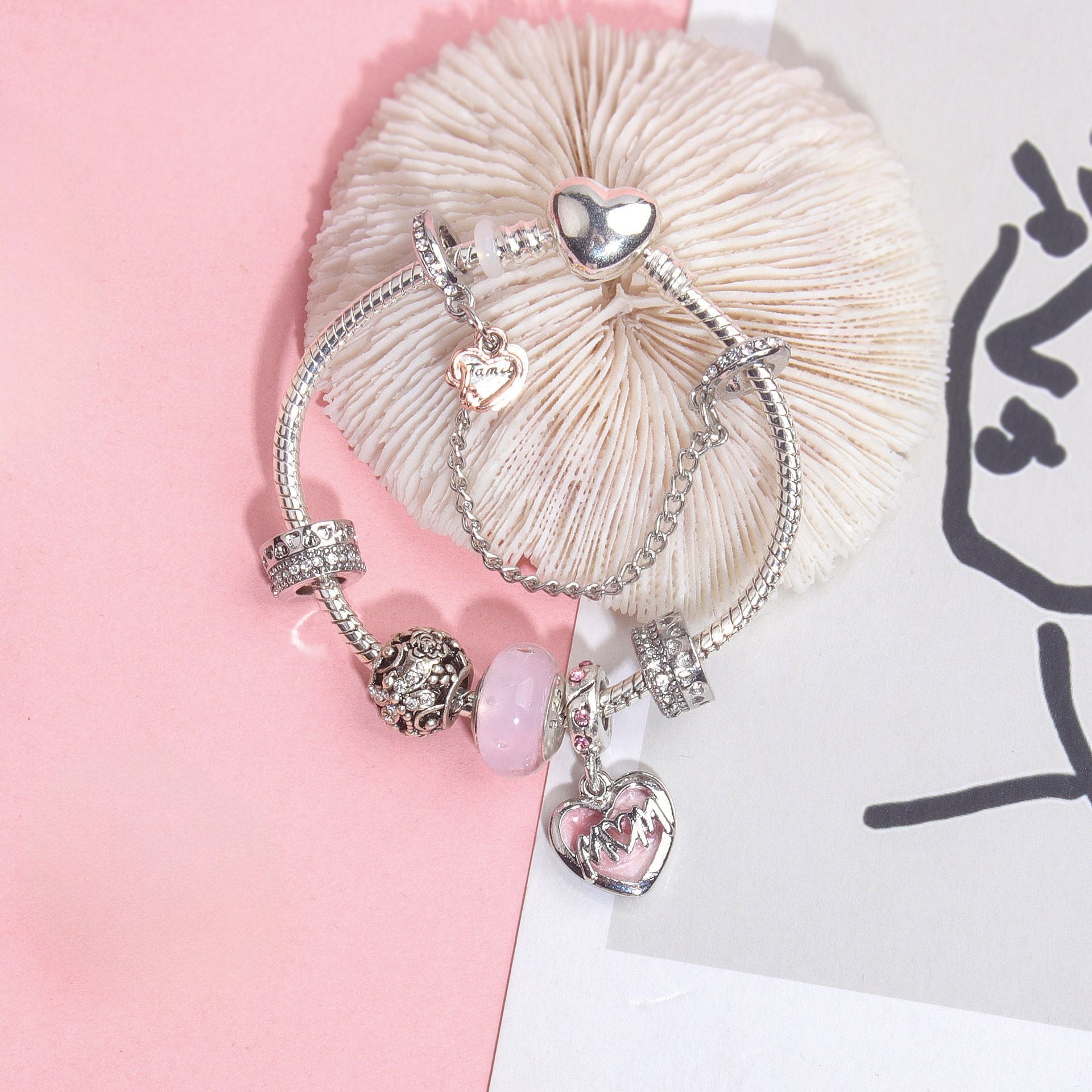 Heart Charm Beaded Bracelet with Crystals(18cm) - Image 5