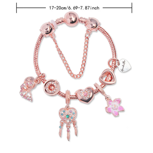 Rose Gold Bracelet with Dreamcatcher & Lily Pendant, Crystal Zircon Beads(17cm) - Image 2