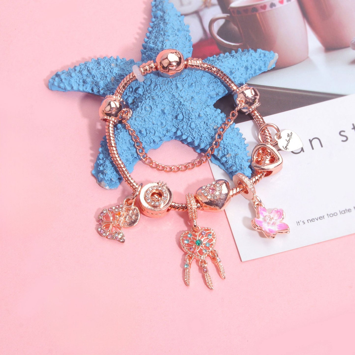 Rose Gold Bracelet with Dreamcatcher & Lily Pendant, Crystal Zircon Beads(17cm) - Image 4